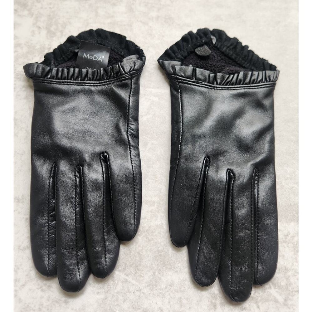Moda Womens Leather Driving Gloves XS Black Ruffle Trim Feminine Quiet Luxury